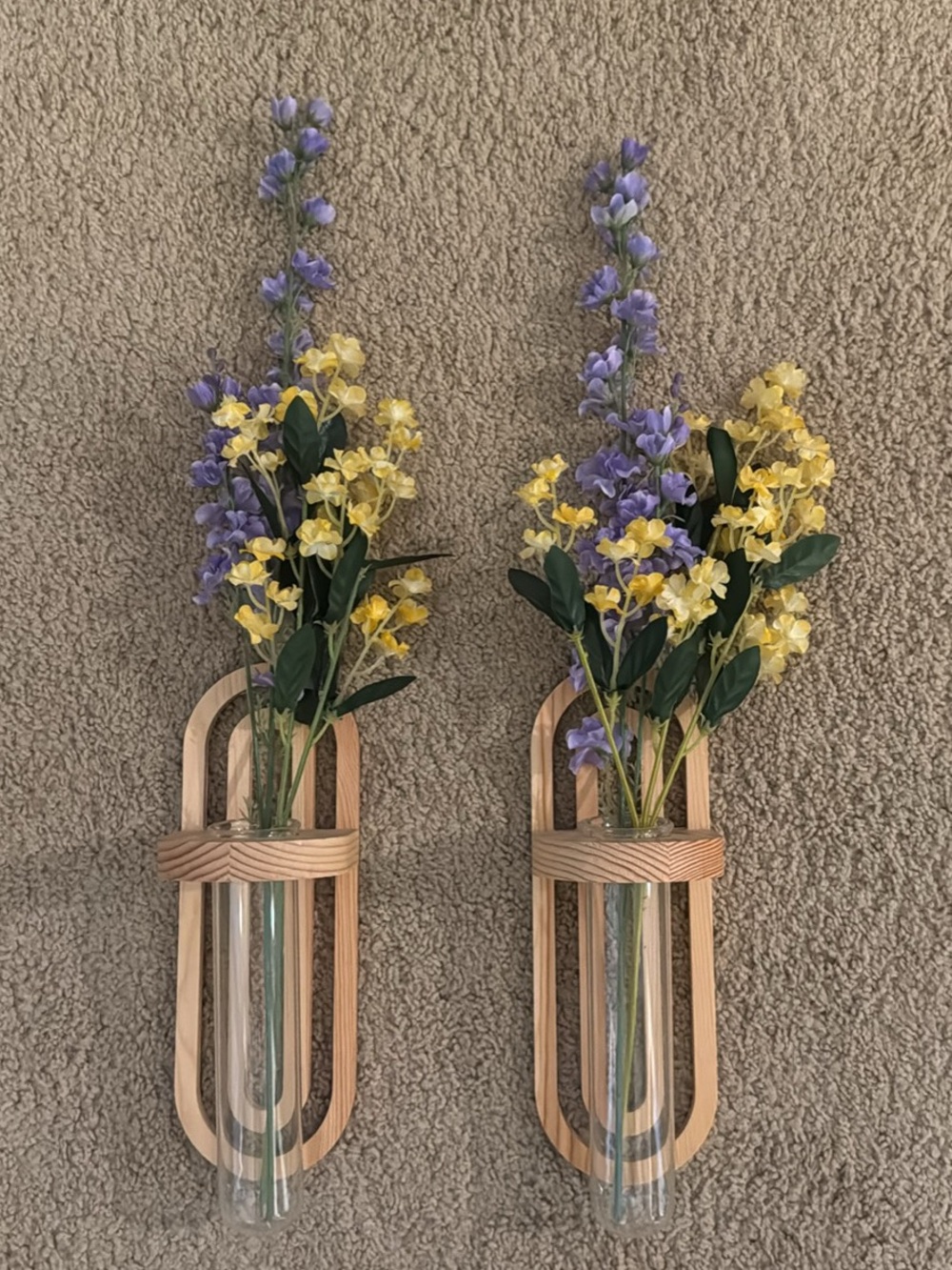 Wooden Wall Tube Vase Pair with Yellow and Purple Flowers